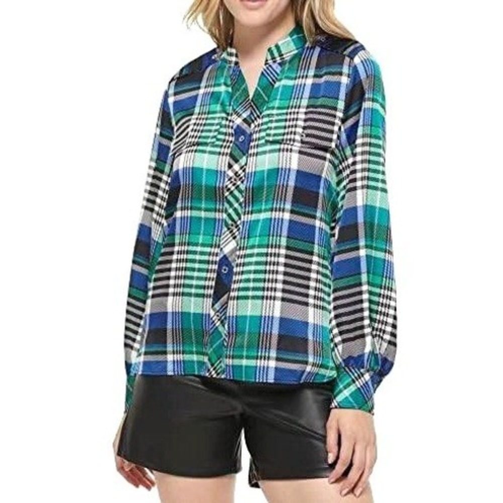 Karl Lagerfeld Paris Blue Plaid Shirt Everyday Blouse V-Neck Long Sleeve XL